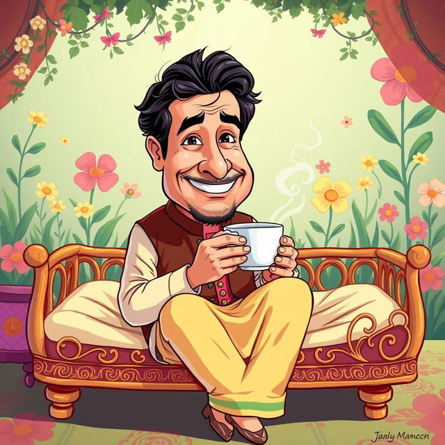 A cartoon-style illustration of Imran Khan sitting on a traditional cot, holding a steaming cup of tea