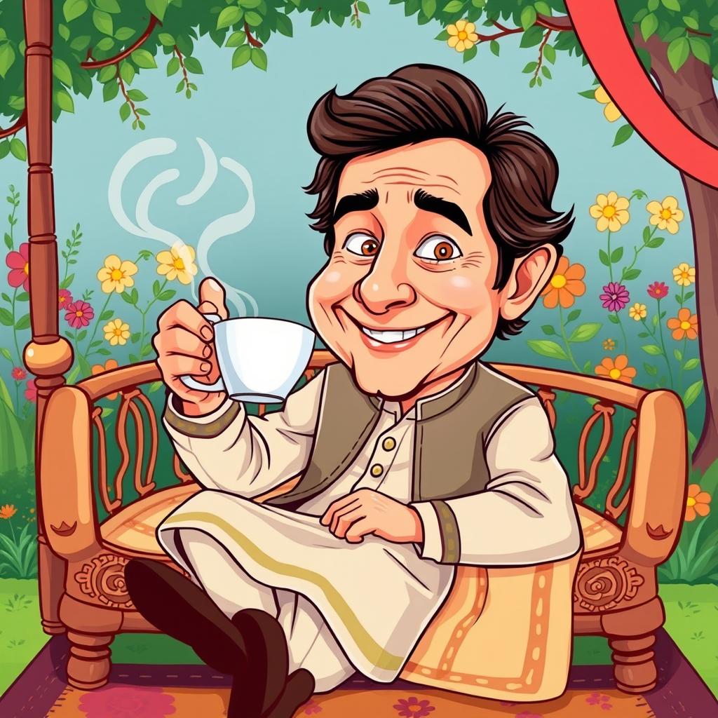 A cartoon-style illustration of Imran Khan sitting on a traditional cot, holding a steaming cup of tea