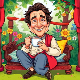 A cartoon-style illustration of Imran Khan sitting on a traditional cot, holding a steaming cup of tea