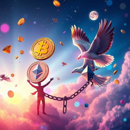 A visually striking representation of the concept of freedom in cryptocurrency, featuring dynamic and modern digital currency symbols such as Bitcoin and Ethereum floating in a vibrant background filled with bright colors and abstract patterns