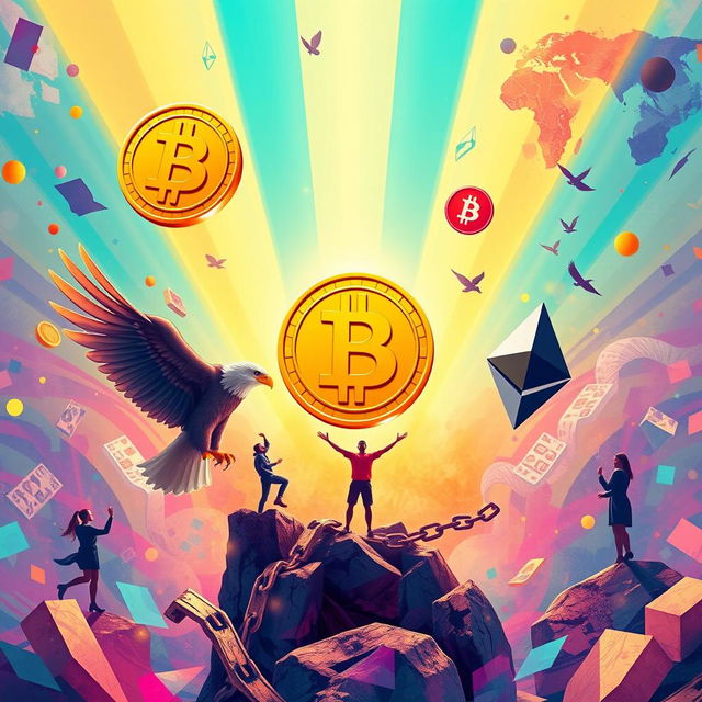 A visually striking representation of the concept of freedom in cryptocurrency, featuring dynamic and modern digital currency symbols such as Bitcoin and Ethereum floating in a vibrant background filled with bright colors and abstract patterns