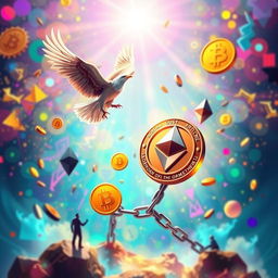 A visually striking representation of the concept of freedom in cryptocurrency, featuring dynamic and modern digital currency symbols such as Bitcoin and Ethereum floating in a vibrant background filled with bright colors and abstract patterns
