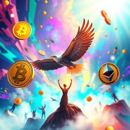 A visually striking representation of the concept of freedom in cryptocurrency, featuring dynamic and modern digital currency symbols such as Bitcoin and Ethereum floating in a vibrant background filled with bright colors and abstract patterns