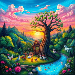 A vibrant and colorful fantasy landscape depicting a whimsical scene from a storybook, featuring lush green forests, mystical creatures like fairies and unicorns, and a shimmering river that reflects the sky