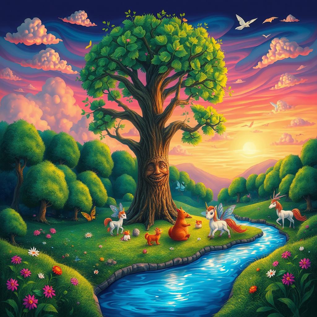 A vibrant and colorful fantasy landscape depicting a whimsical scene from a storybook, featuring lush green forests, mystical creatures like fairies and unicorns, and a shimmering river that reflects the sky