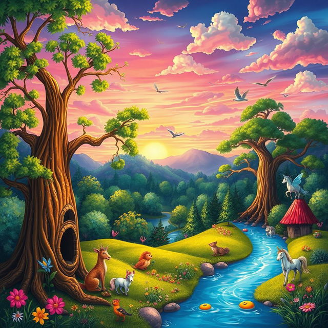 A vibrant and colorful fantasy landscape depicting a whimsical scene from a storybook, featuring lush green forests, mystical creatures like fairies and unicorns, and a shimmering river that reflects the sky