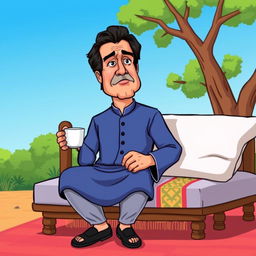 A cartoon-style illustration of Imran Khan sitting on a traditional cot, with a serious expression on his face