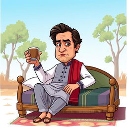 A cartoon-style illustration of Imran Khan sitting on a traditional cot, with a serious expression on his face