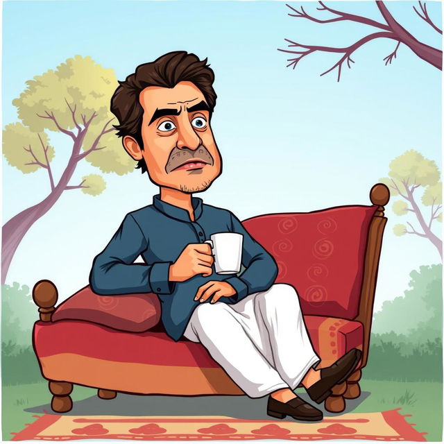 A cartoon-style illustration of Imran Khan sitting on a traditional cot, with a serious expression on his face