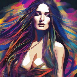 A risqué digital art piece featuring a captivating woman with extremely long hair, not wearing a bra