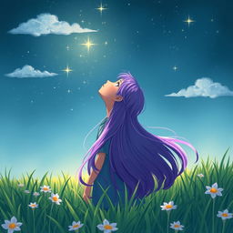 A girl with vibrant purple hair gazing up at a starry sky, her long hair flowing gently in the breeze