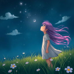 A girl with vibrant purple hair gazing up at a starry sky, her long hair flowing gently in the breeze