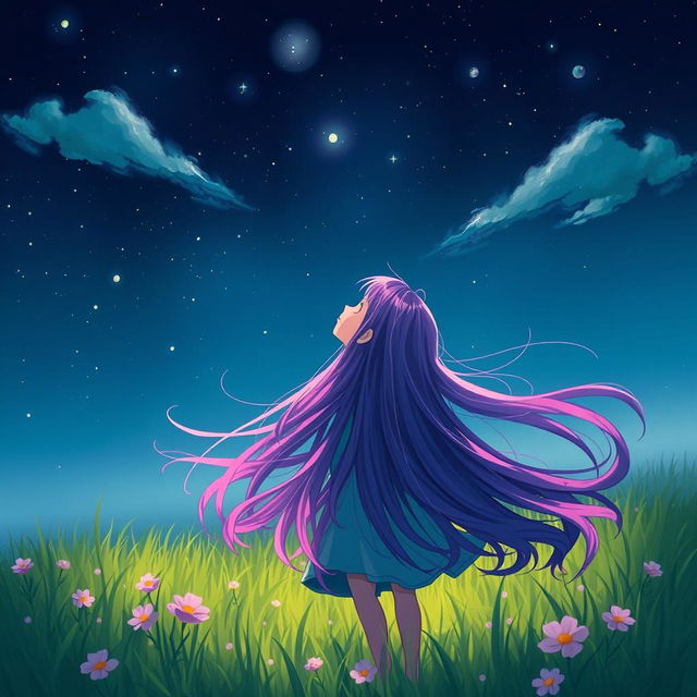 A girl with vibrant purple hair gazing up at a starry sky, her long hair flowing gently in the breeze