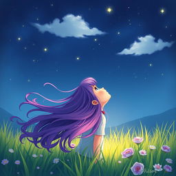 A girl with vibrant purple hair gazing up at a starry sky, her long hair flowing gently in the breeze