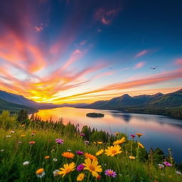 A breathtaking landscape showcasing a vibrant sunset over a tranquil lake, surrounded by lush green trees and majestic mountains