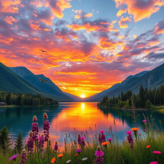 A breathtaking landscape showcasing a vibrant sunset over a tranquil lake, surrounded by lush green trees and majestic mountains