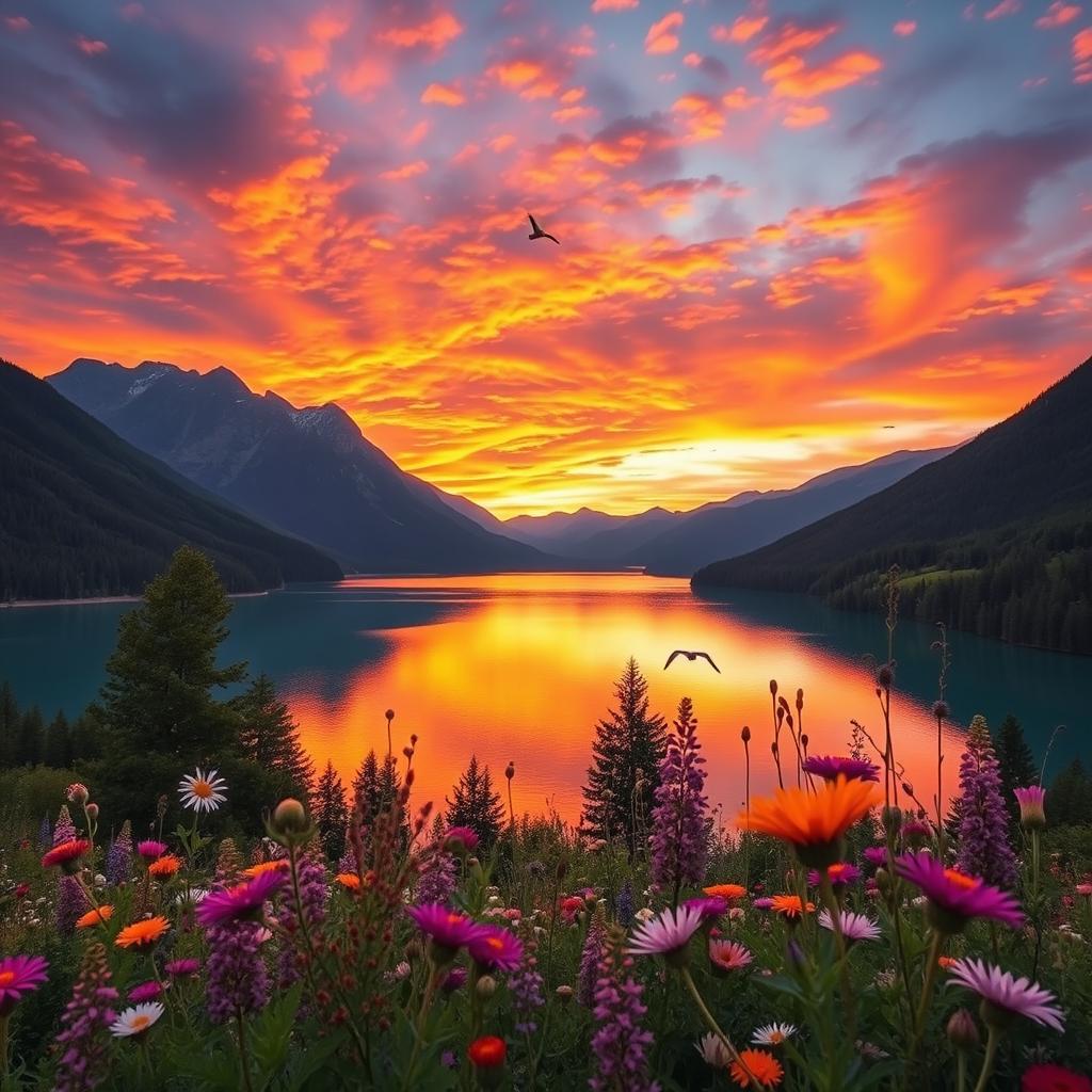 A breathtaking landscape showcasing a vibrant sunset over a tranquil lake, surrounded by lush green trees and majestic mountains