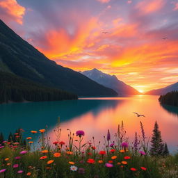 A breathtaking landscape showcasing a vibrant sunset over a tranquil lake, surrounded by lush green trees and majestic mountains