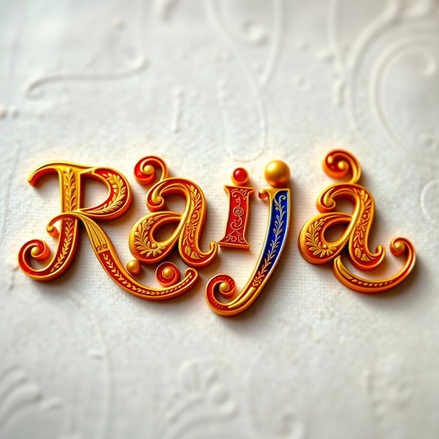 A vibrant and artistic representation of the word 'RAJA' crafted in an elegant calligraphy style