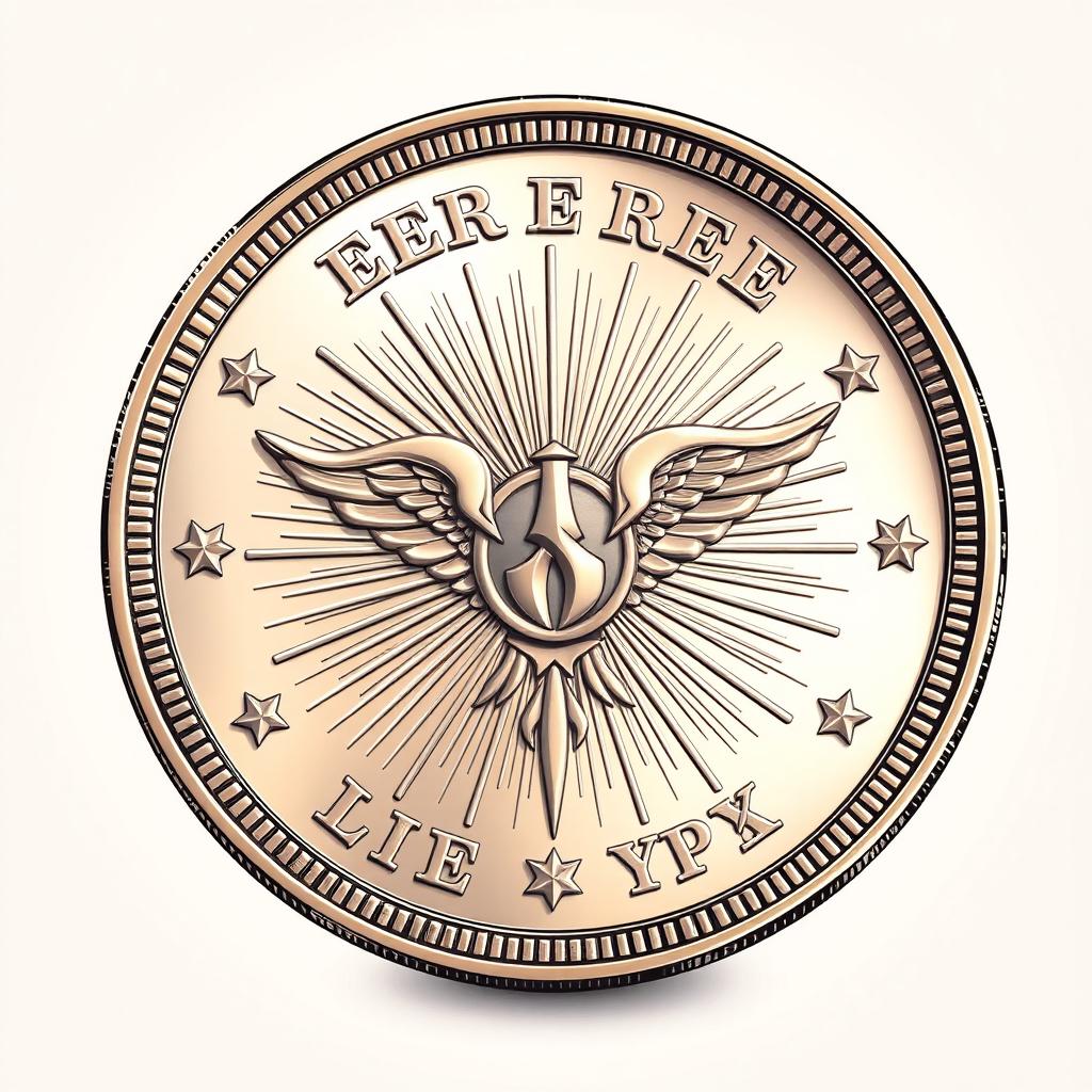 A detailed illustration of a coin featuring a symbol of freedom at its center