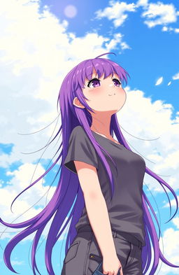 A girl with vibrant purple hair gazing thoughtfully up at the sky, her long hair flowing gently in the wind