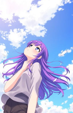 A girl with vibrant purple hair gazing thoughtfully up at the sky, her long hair flowing gently in the wind