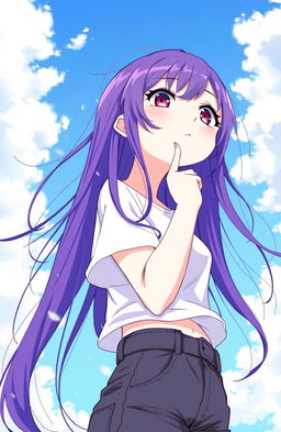A girl with vibrant purple hair gazing thoughtfully up at the sky, her long hair flowing gently in the wind