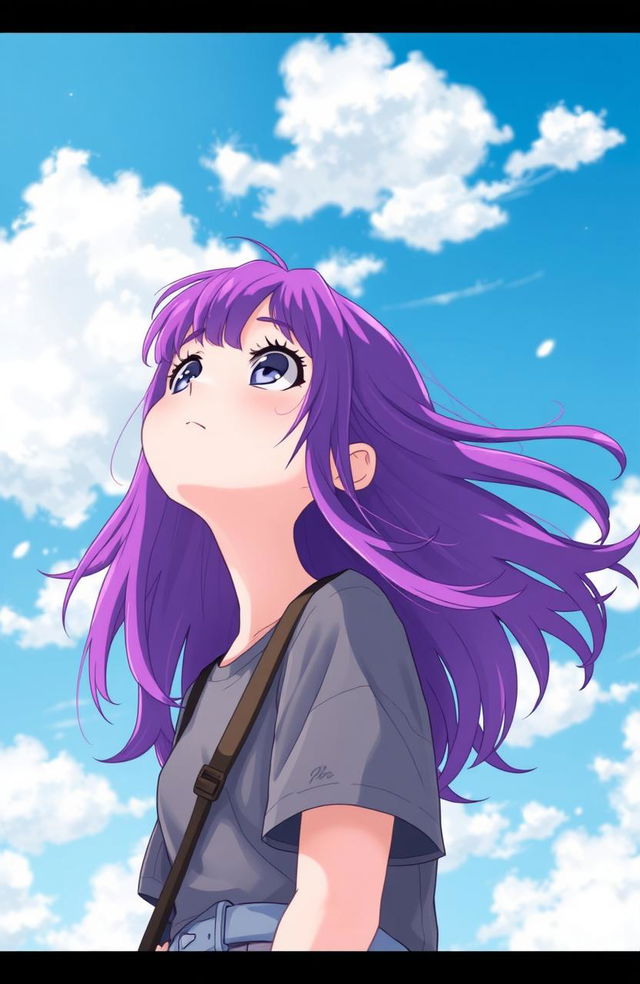 A girl with vibrant purple hair gazing thoughtfully up at the sky, her long hair flowing gently in the wind