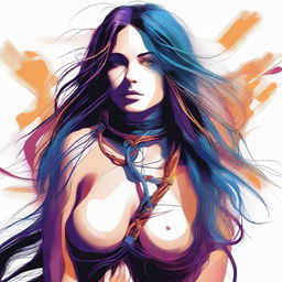 A risqué digital art piece featuring a captivating woman with extremely long hair, not wearing a bra