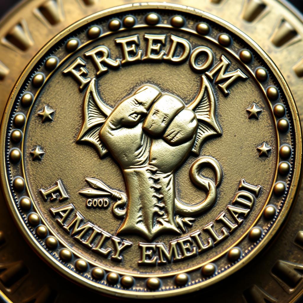A detailed depiction of a coin featuring a powerful freedom symbol at its center, with the imagery of a defeated devil, representing triumph over evil