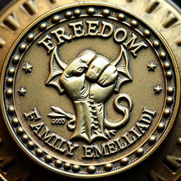 A detailed depiction of a coin featuring a powerful freedom symbol at its center, with the imagery of a defeated devil, representing triumph over evil