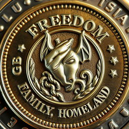 A detailed depiction of a coin featuring a powerful freedom symbol at its center, with the imagery of a defeated devil, representing triumph over evil