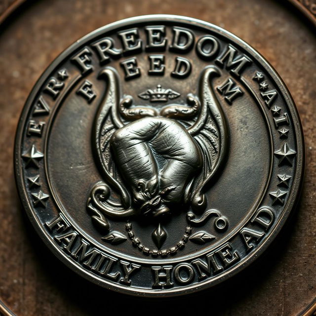 A detailed depiction of a coin featuring a powerful freedom symbol at its center, with the imagery of a defeated devil, representing triumph over evil