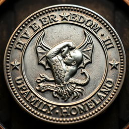 A detailed depiction of a coin featuring a powerful freedom symbol at its center, with the imagery of a defeated devil, representing triumph over evil