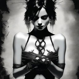 An edgy digital art piece featuring an attractive woman, not wearing a bra, with her hands tied up