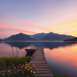 A serene landscape showcasing a tranquil lake at sunset, surrounded by majestic mountains in the background