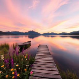 A serene landscape showcasing a tranquil lake at sunset, surrounded by majestic mountains in the background