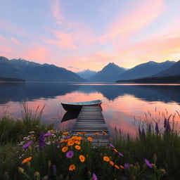 A serene landscape showcasing a tranquil lake at sunset, surrounded by majestic mountains in the background