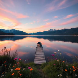 A serene landscape showcasing a tranquil lake at sunset, surrounded by majestic mountains in the background