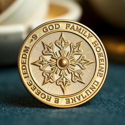 A beautifully designed coin featuring the words 'freedom', 'god', 'family', and 'homeland' intricately engraved around the edges