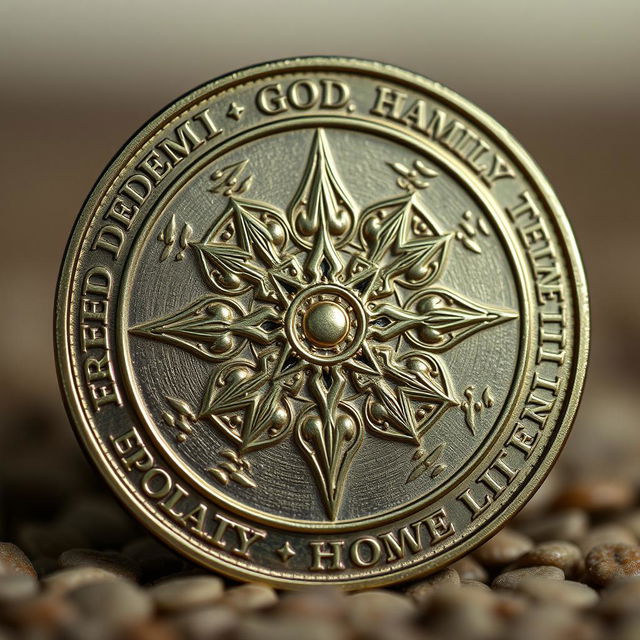 A beautifully designed coin featuring the words 'freedom', 'god', 'family', and 'homeland' intricately engraved around the edges