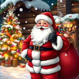 A cheerful Santa Claus with a big, friendly smile, wearing a traditional red suit with white fur trim, black belt, and shiny black boots