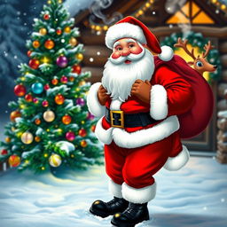 A cheerful Santa Claus with a big, friendly smile, wearing a traditional red suit with white fur trim, black belt, and shiny black boots