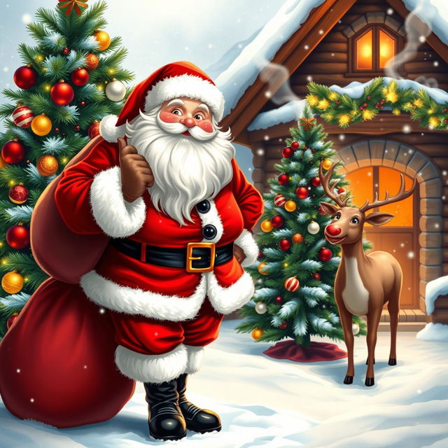 A cheerful Santa Claus with a big, friendly smile, wearing a traditional red suit with white fur trim, black belt, and shiny black boots