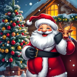 A cheerful Santa Claus with a big, friendly smile, wearing a traditional red suit with white fur trim, black belt, and shiny black boots