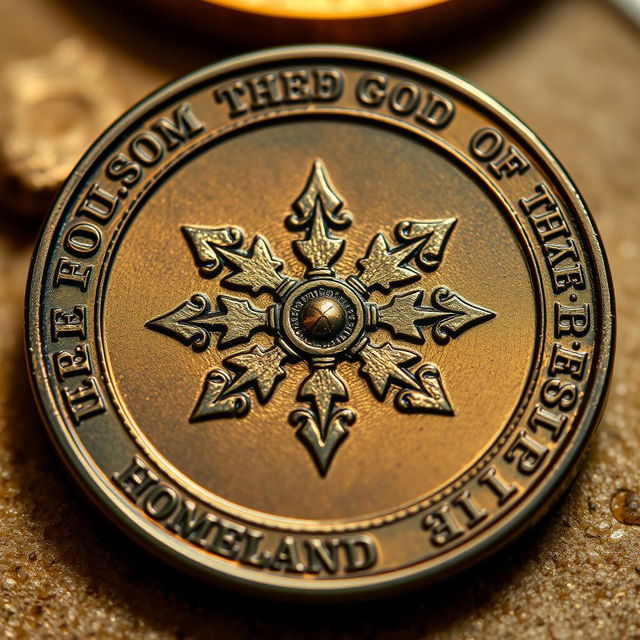 A close-up of a beautifully designed coin featuring the words 'freedom', 'god', 'family', and 'homeland' prominently engraved around its edges