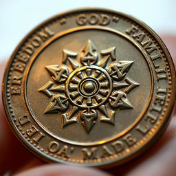 A close-up of a beautifully designed coin featuring the words 'freedom', 'god', 'family', and 'homeland' prominently engraved around its edges