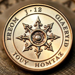 A close-up of a beautifully designed coin featuring the words 'freedom', 'god', 'family', and 'homeland' prominently engraved around its edges