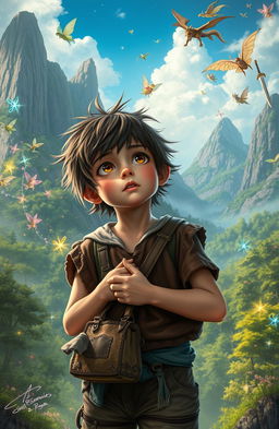A captivating scene depicting a 12-year-old boy, looking homeless with ragged clothes, standing in awe as he is transported to a vibrant fantasy world filled with swords and magic