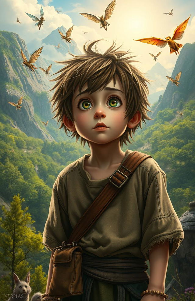 A captivating scene depicting a 12-year-old boy, looking homeless with ragged clothes, standing in awe as he is transported to a vibrant fantasy world filled with swords and magic